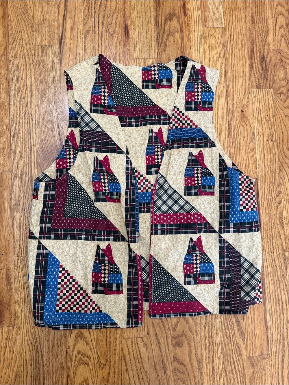 Cat Patchwork-Style Vest in Cream, Navy & Burgundy Halloween Cat Lady Boho